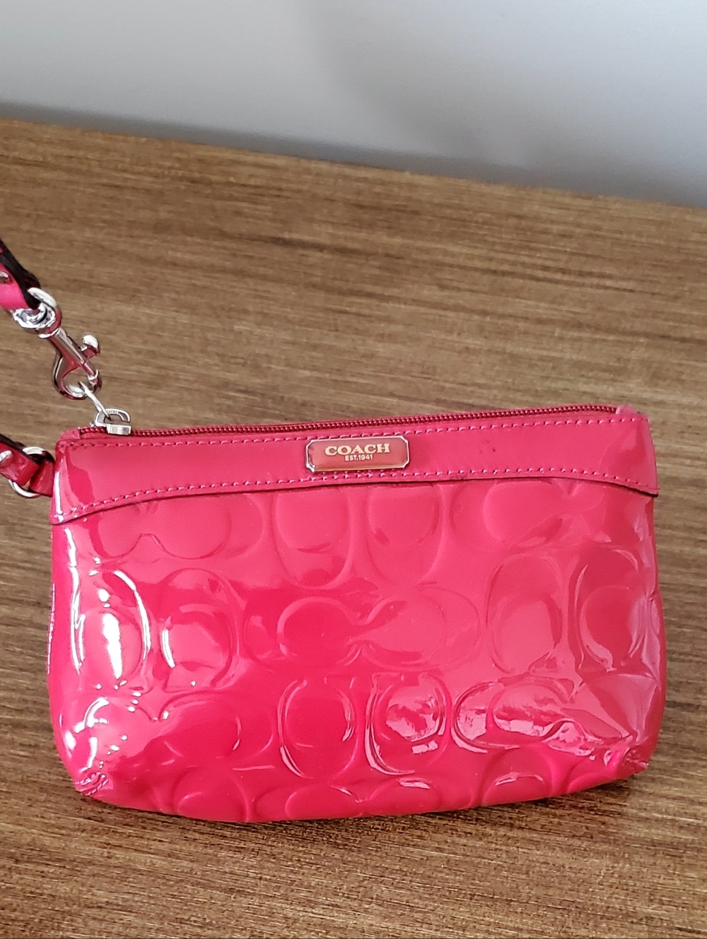 Coach Raspberry Pink "C" Patent Leather Wristlet Clutch, Gently Used